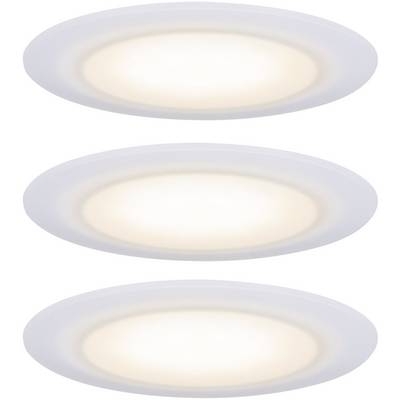 Trois luminaires encastrés au plafond à LED, émettant une lumière douce blanc chaud, présentés dans une disposition verticale symétrique.