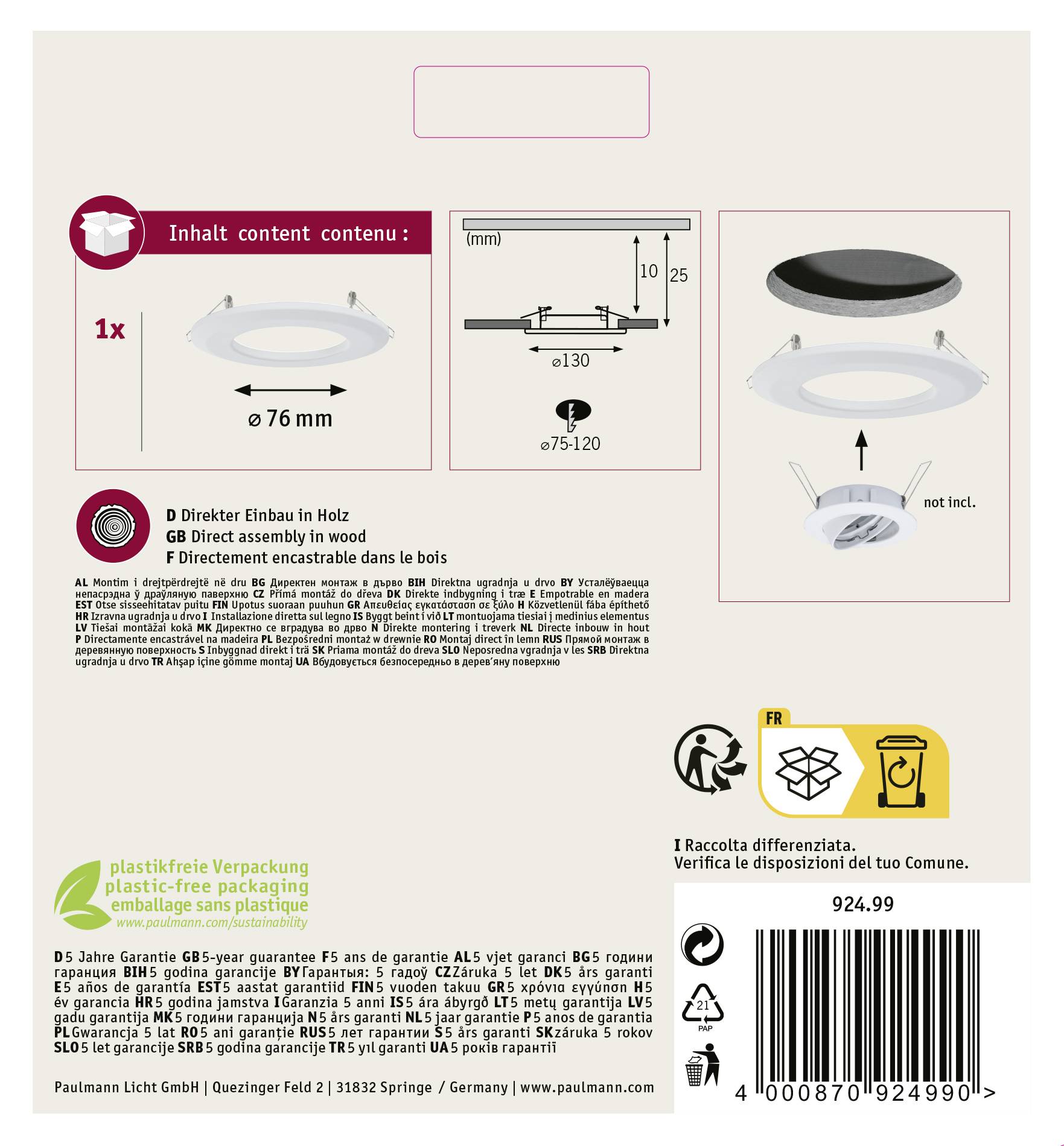 'Inhalt' présente un cadre encastrable rond avec un montage spécial en bois. Diamètre : 76 mm. Emballage sans plastique. Prix : 924,99.