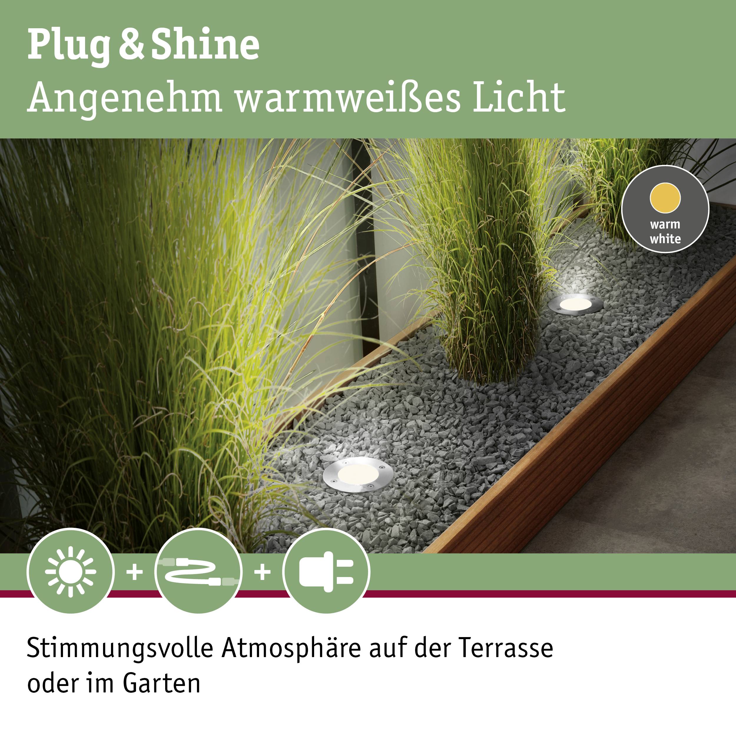 Plug & Shine-Luminaires de jardin illuminent les plantes avec une lumière blanc chaud. Texte sur l'image : 'Ambiance chaleureuse sur la terrasse ou dans le jardin'.