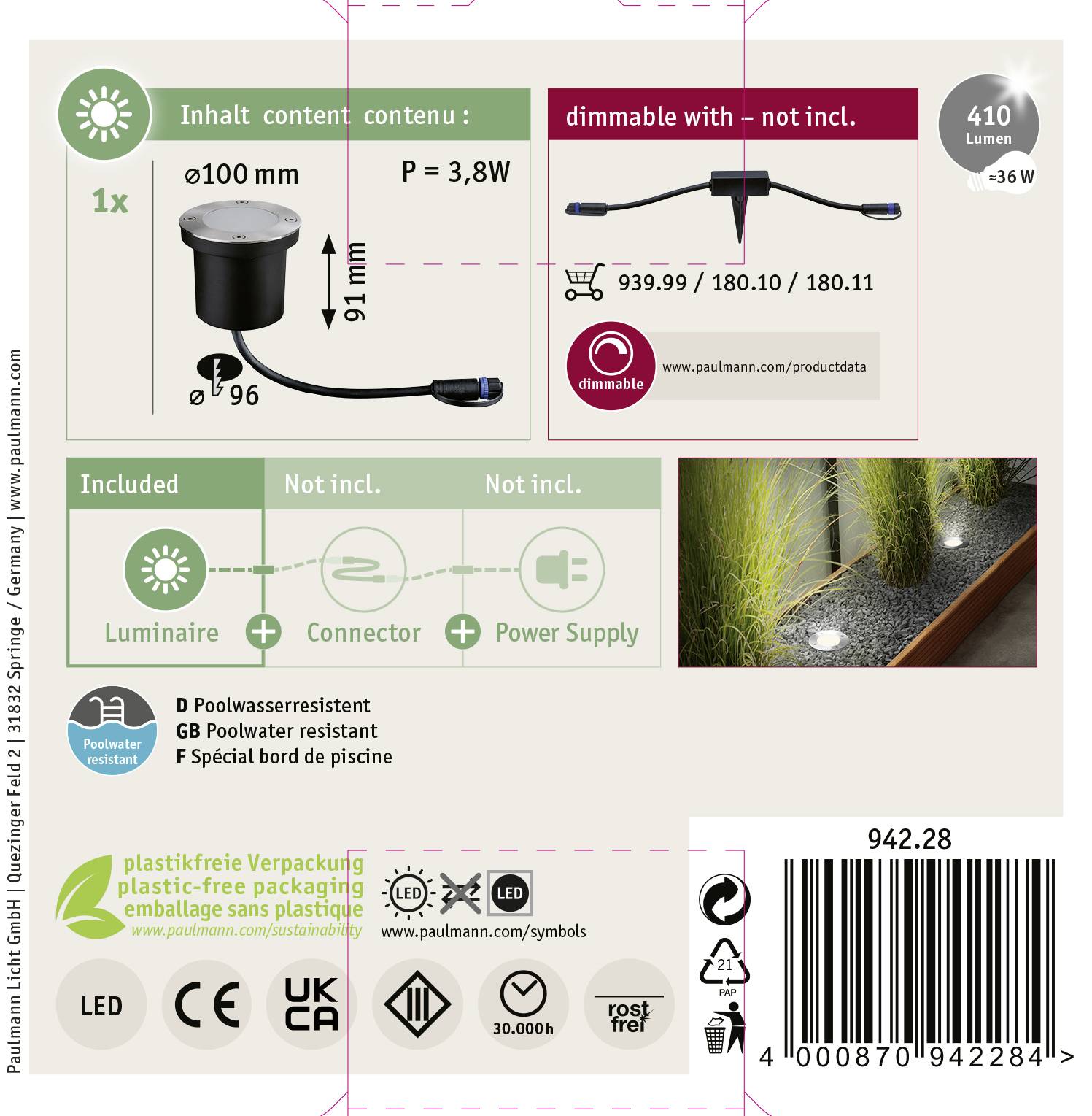 'Luminaire encastré pour extérieur, IP 65, LED intégrée, consommation énergétique : 3,8 W, flux lumineux : 410 lumens, angle de diffusion : 36°.'