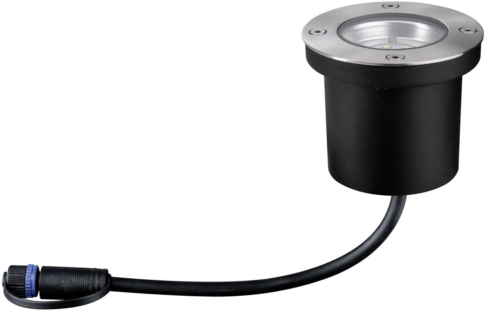 Un luminaire encastré rond noir avec un anneau métallique en haut et un câble doté d'une fiche bleue, adapté à l'éclairage extérieur.