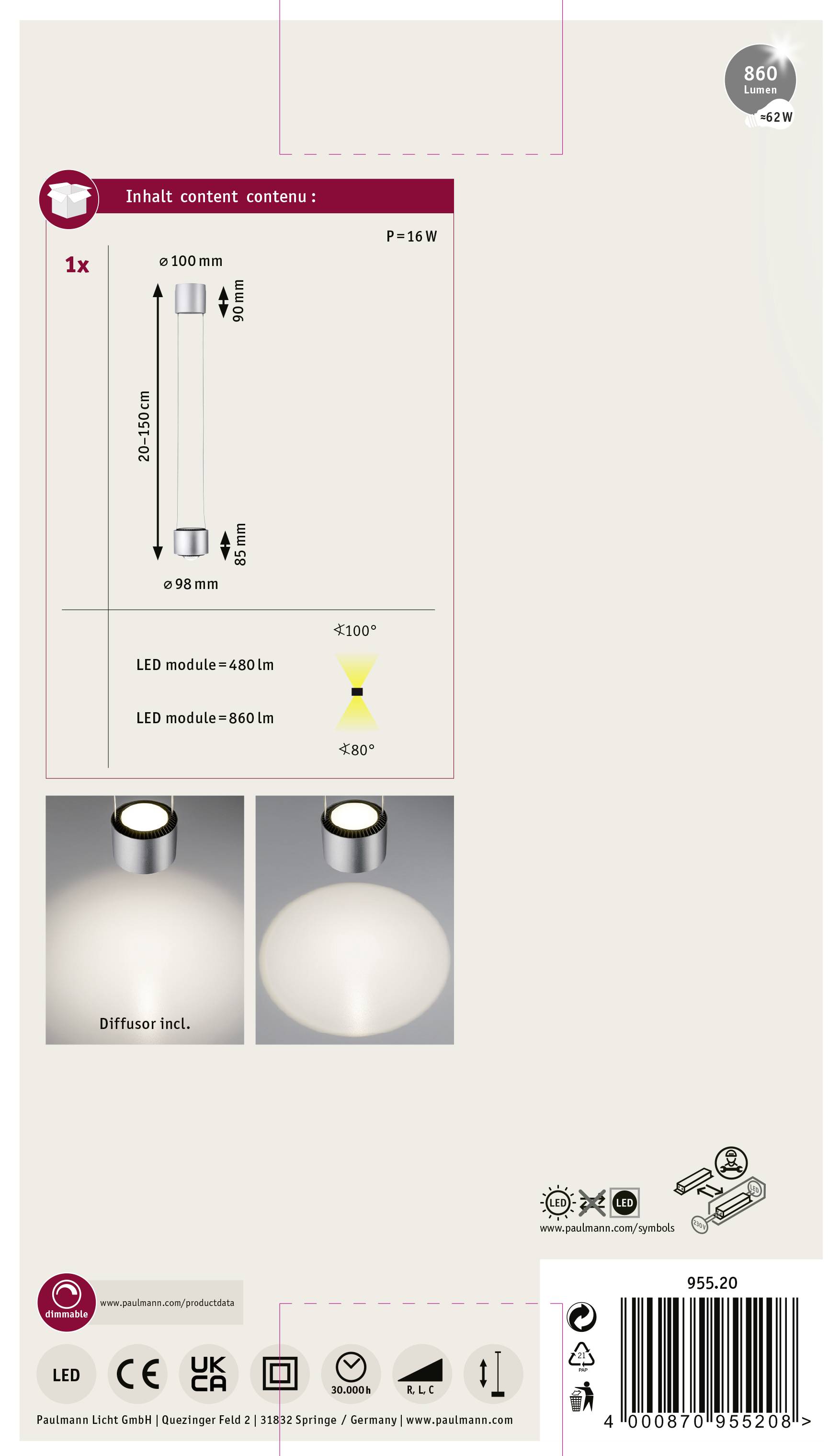 'Contenu de l'emballage : 1x Plafonnier, Puissance : 16W, Diamètre : 100 mm, deux modules LED : 680 lm et 860 lm. Diffuseur inclus.'