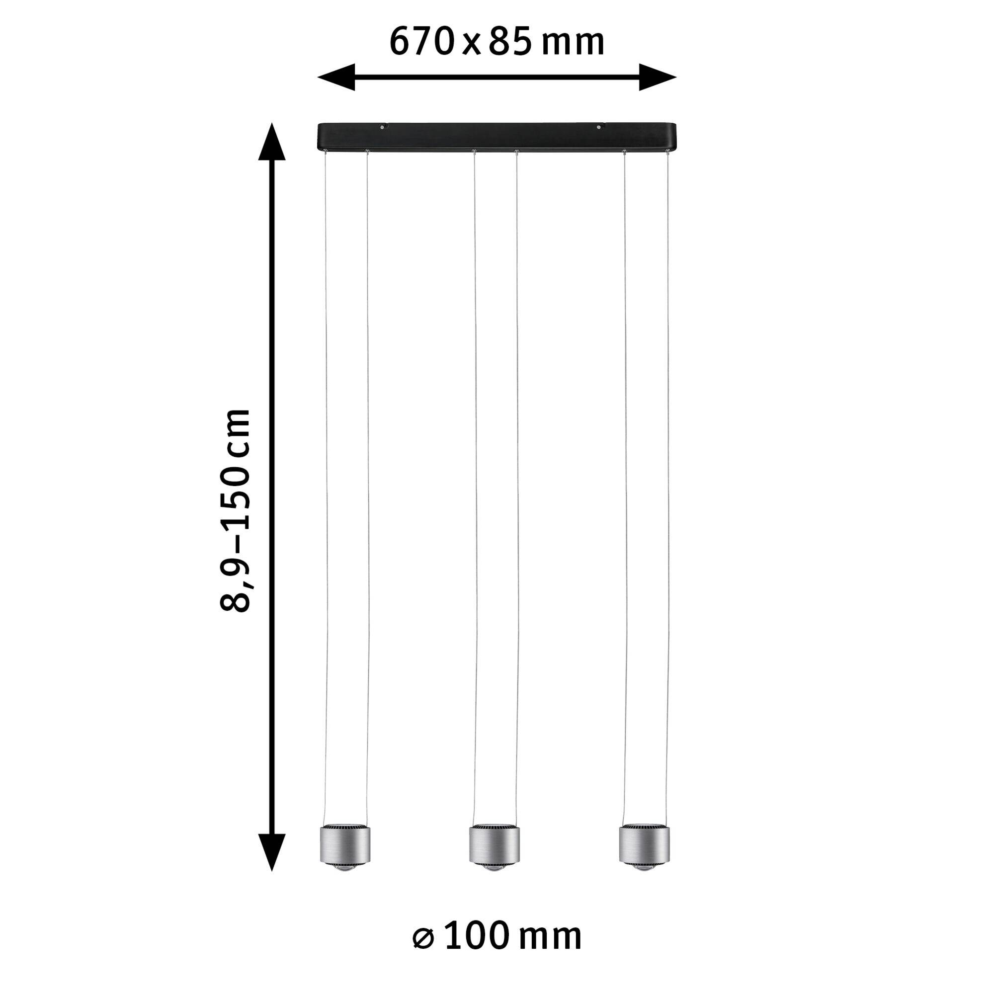 Lampe suspendue avec trois spots réglables. Dimensions : largeur 670 mm, profondeur 85 mm, hauteur 89-1500 mm, diamètre des spots 100 mm.