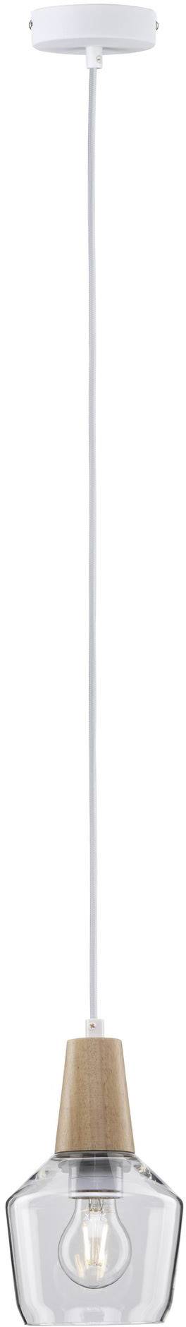 Suspension lumineuse avec abat-jour en verre transparent et détail en bois, suspendue par un câble blanc. Idéale pour un intérieur moderne.