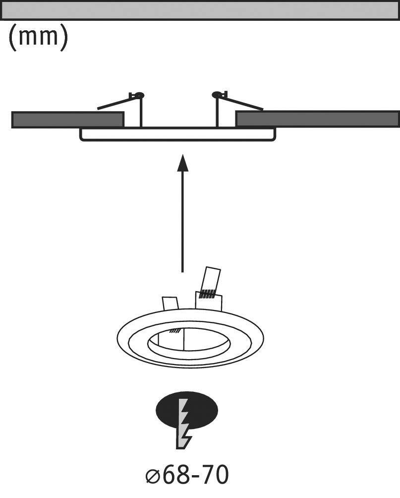 Diagramme d'installation d'encastré : Montre le montage d'un spot de plafond rond avec un diamètre de 68-70 mm dans un plafond.