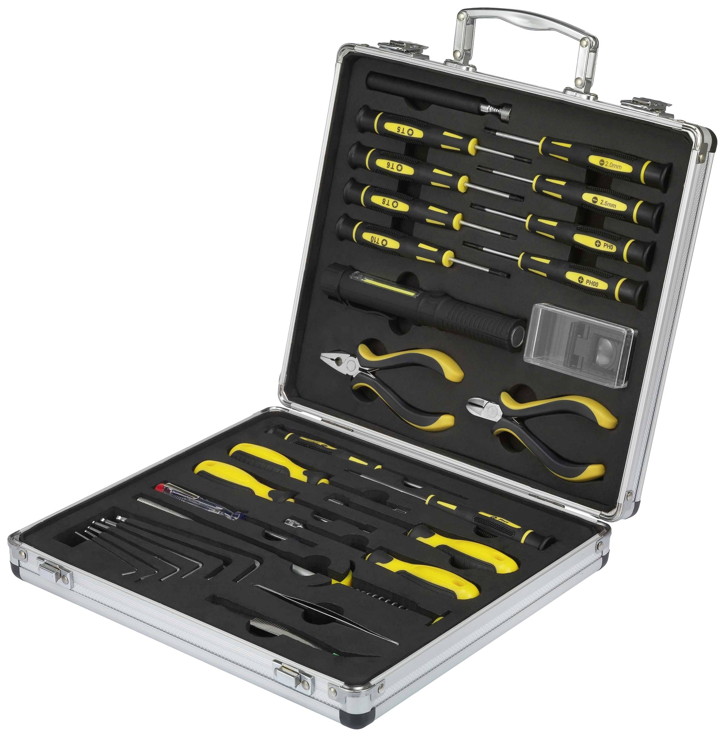 Une boîte à outils ouverte contenant différents tournevis, pinces, un mètre ruban et d'autres outils dans une disposition organisée.