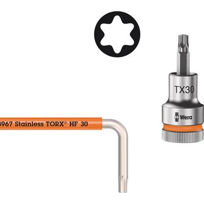 Une clé Allen TORX en L et une douille TORX portant l'inscription 'TX30' de Wera, avec un symbole représentant l'étoile TORX.