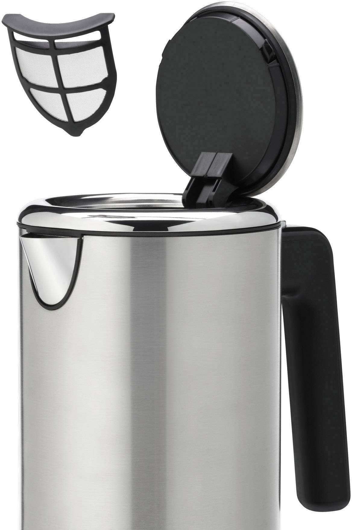 Une bouilloire argentée avec un couvercle ouvert et une poignée noire. Un filtre amovible est représenté au-dessus de la bouilloire.