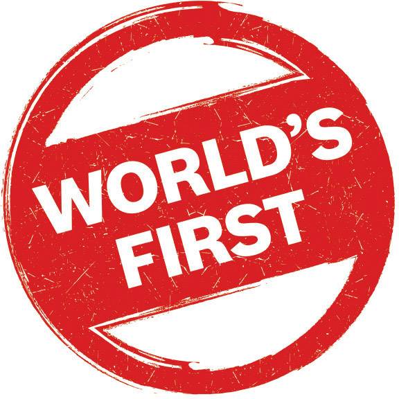 Motif de tampon rouge usé portant l'inscription 'WORLD'S FIRST'.