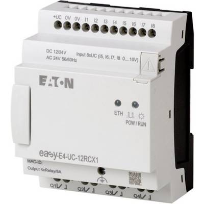 Un boîtier de commande électrique étiqueté 'Eaton easyE4-UC-12RCX1'. Il dispose de connexions pour l'alimentation électrique et le contrôle, ainsi que des voyants LED.