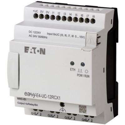 L'image présente un automate programmable Eaton SPS 'easyE4-UC-12RCX1', doté d'entrées, de sorties et de voyants d'état, destiné aux applications industrielles.
