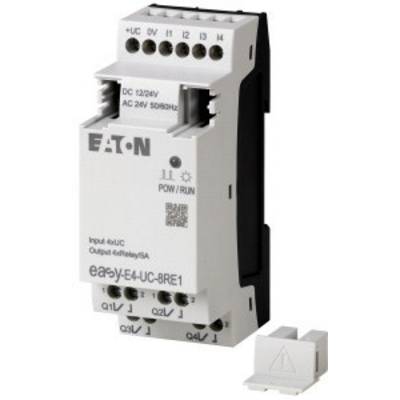 Boîtier de commande électrique Eaton easyE4, adapté pour un montage sur rail DIN, entrées 4xUC, sorties 4xRelais/5A, tension DC 12/24V.