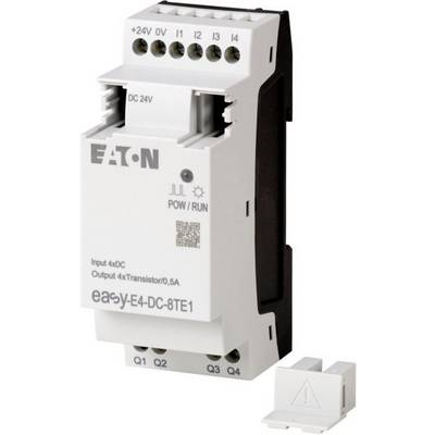 Relais industriel Eaton, modèle easy-E4-DC-8TE1, couleur blanche, avec connexion DC 24V, entrées et sorties étiquetées.