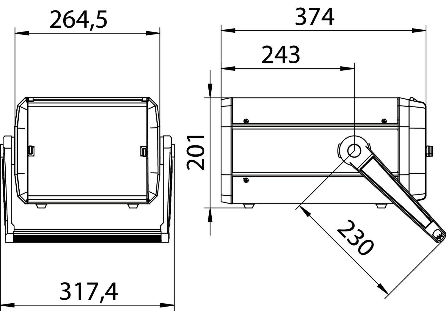 Dessin technique d'un appareil rectangulaire avec support et poignée. Dimensions : hauteur 201 mm, largeur 264,5 mm, longueur 374 mm.