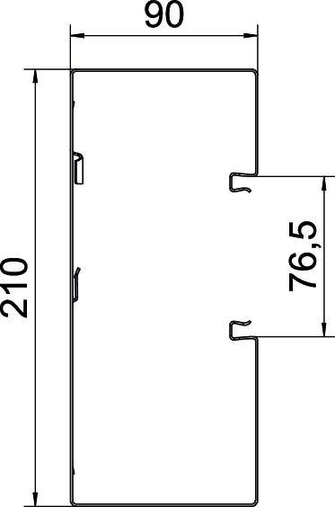 Le diagramme montre un composant rectangulaire de 90 mm de largeur et 210 mm de hauteur. Des entailles latérales sont visibles à 76,5 mm.