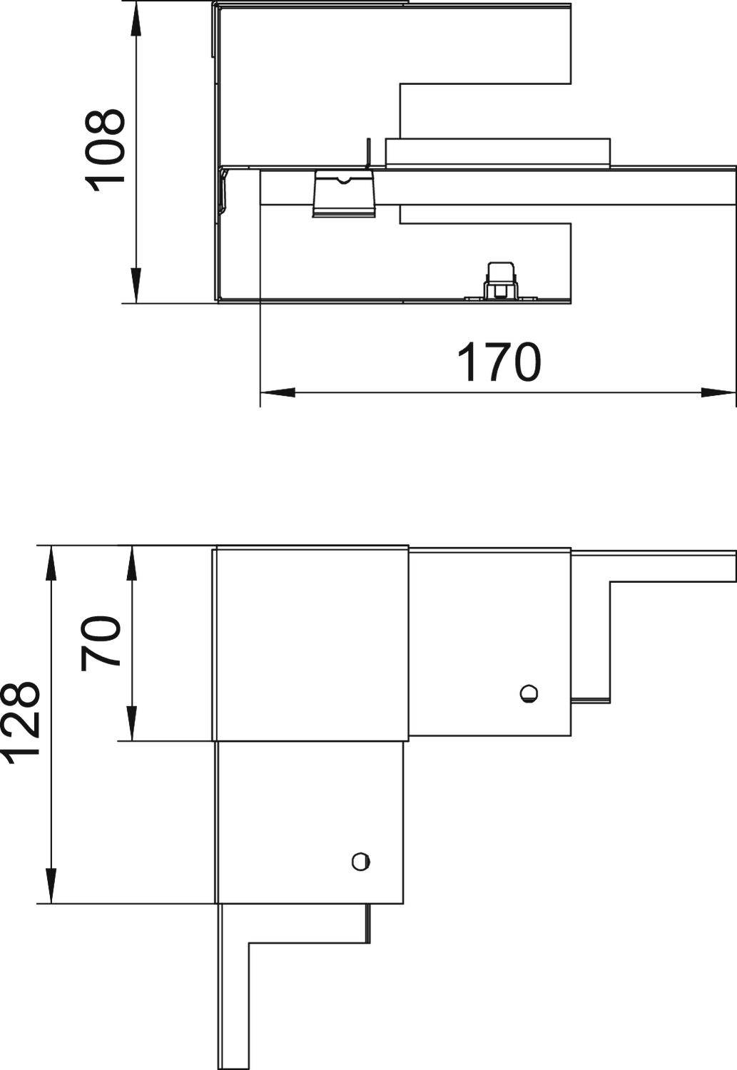 Dessin technique avec deux vues d'un composant, en haut une coupe avec des dimensions de 108 et 170 mm, en bas une vue latérale avec des dimensions de 128 et 70 mm.