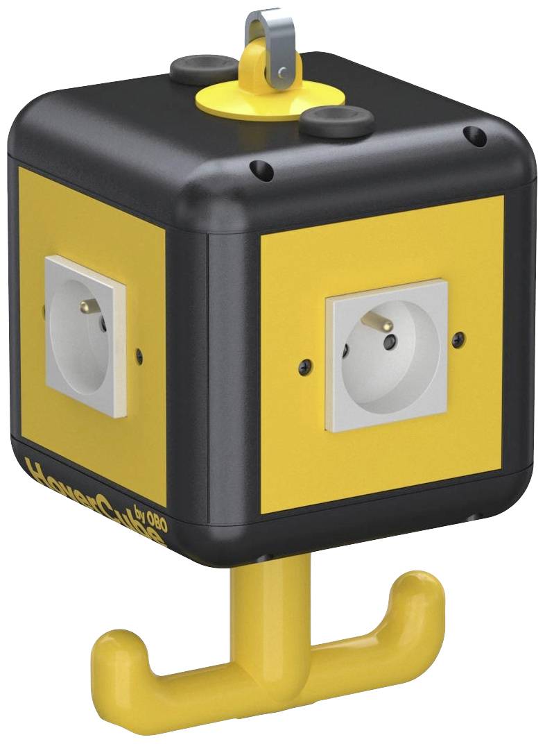 Une multiprise jaune et noire en forme de cube, avec plusieurs prises et un crochet sur sa face inférieure.