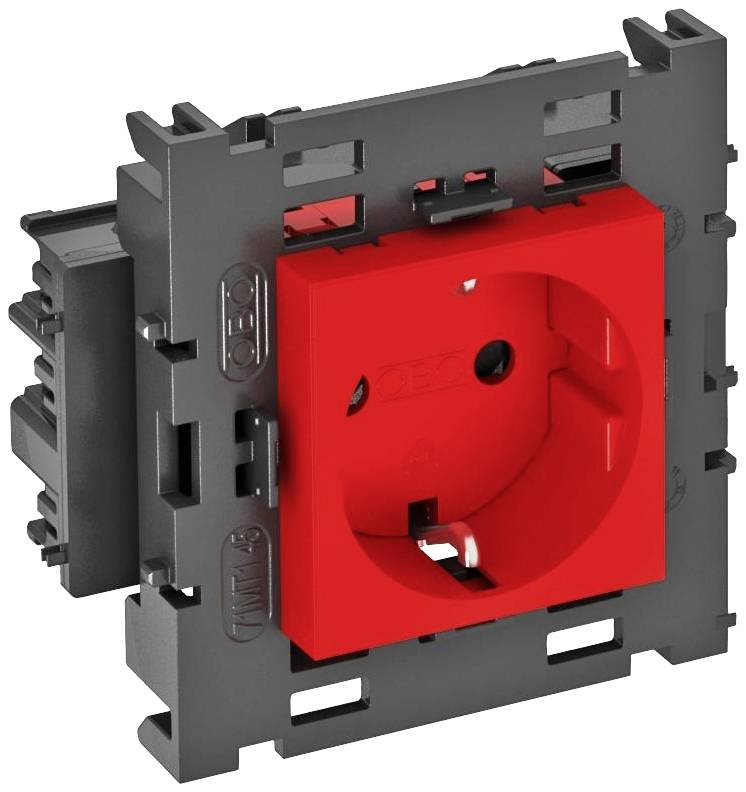 Prise électrique rouge dans un support noir.