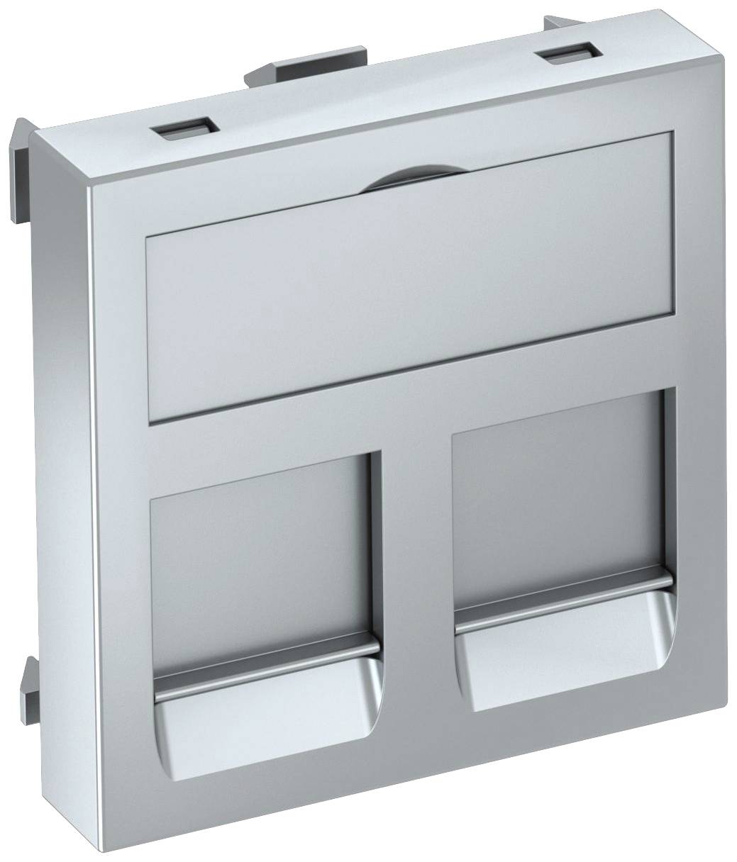 Un adaptateur de prise gris et rectangulaire avec deux prises à sa base.