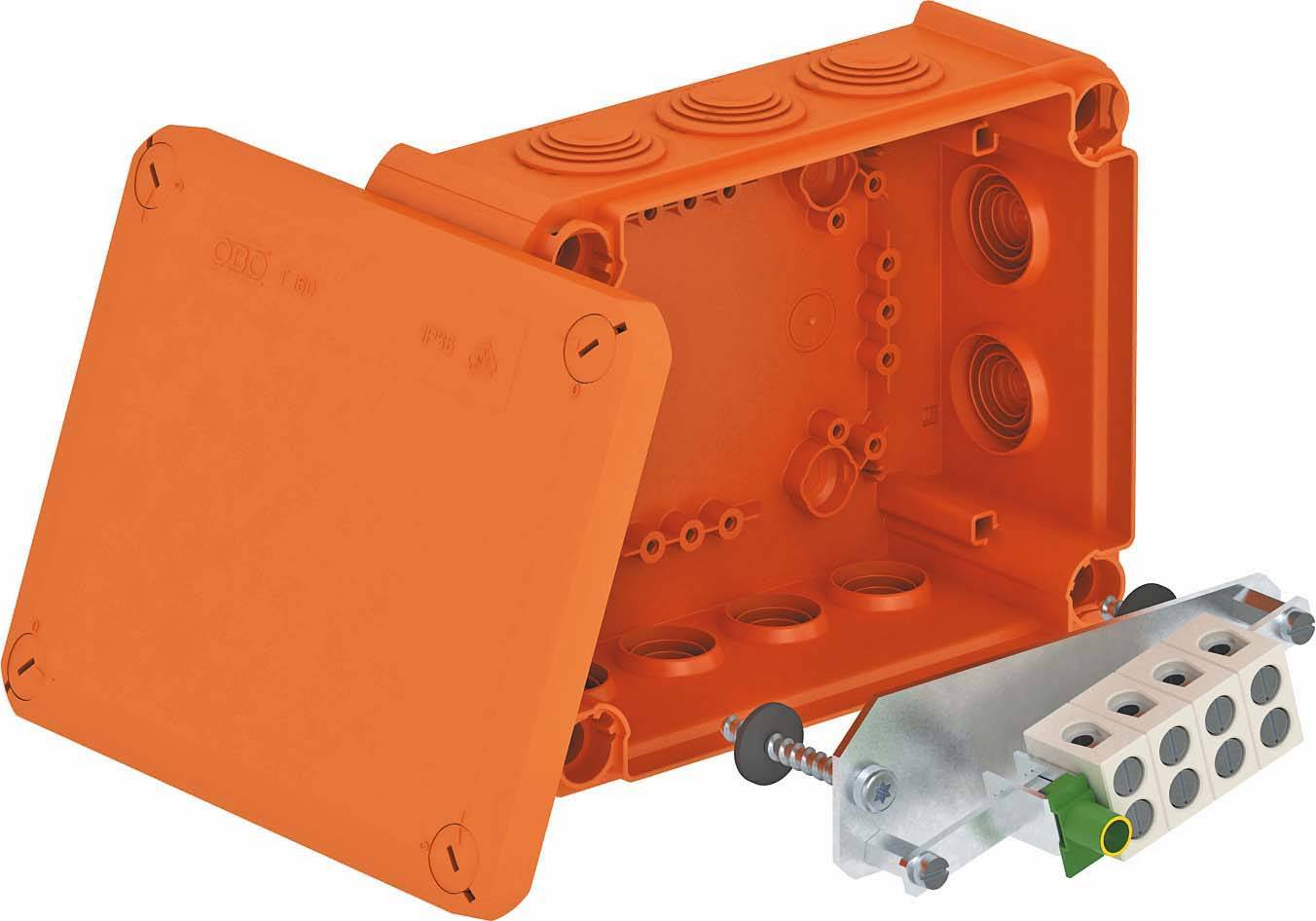 Une boîte de dérivation orange avec couvercle retiré, des ouvertures intérieures et un bloc de bornes amovible.