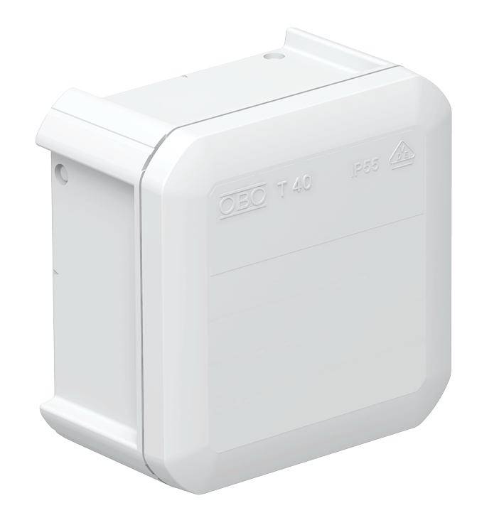Boîte de dérivation carrée blanche en plastique portant l'inscription 'OBO T40' et 'IP55'.