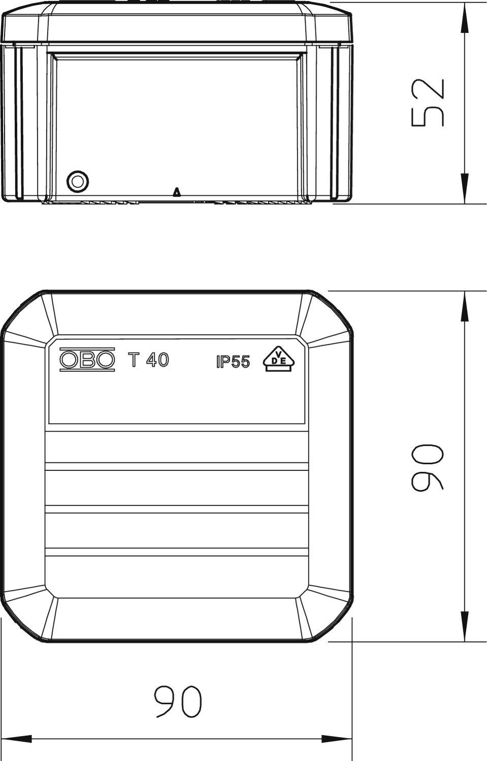 Dessin technique d'un boîtier rectangulaire avec les dimensions suivantes : hauteur 52 mm, largeur 90 mm, longueur 90 mm. Marquages : « OBO T 40 » et « IP55 ».