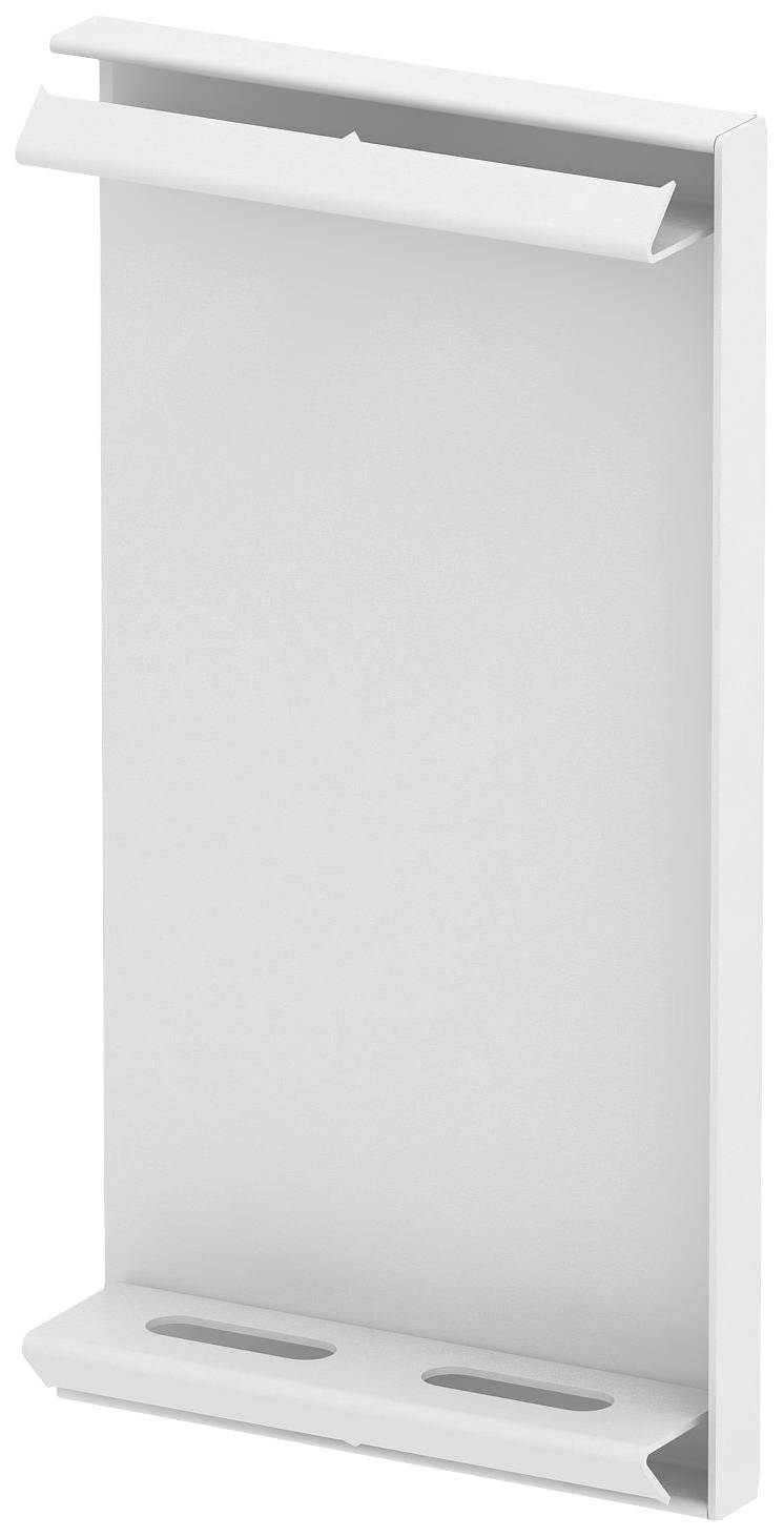 Un support de smartphone blanc avec deux fentes pour l'organisation des câbles en haut et en bas, adapté à un montage mural.