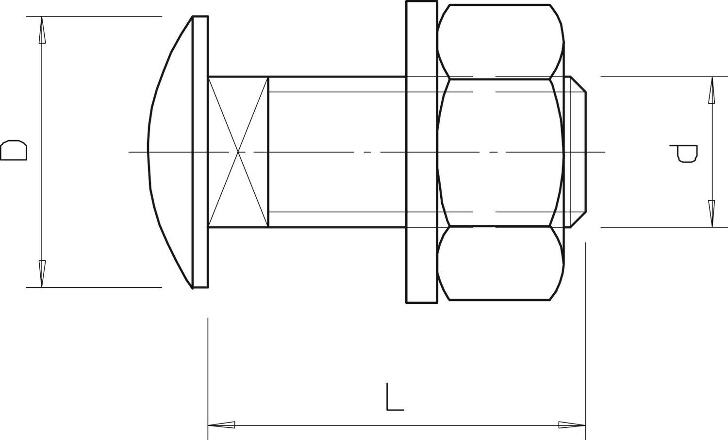 Dessin technique d'un boulon représentant les dimensions D, P et L.