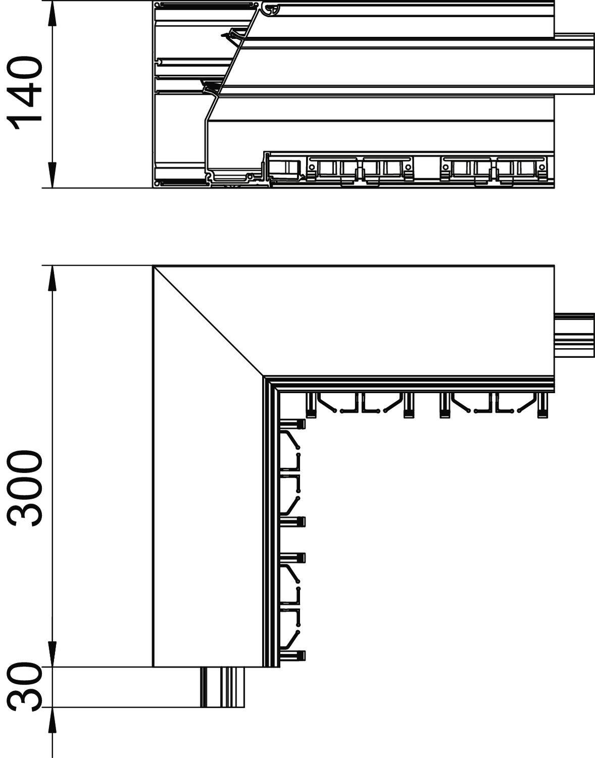 Dessin technique d'un profilé d'angle avec dimensions : 140 mm, 300 mm, 30 mm. Vue latérale et vue supérieure du profil.