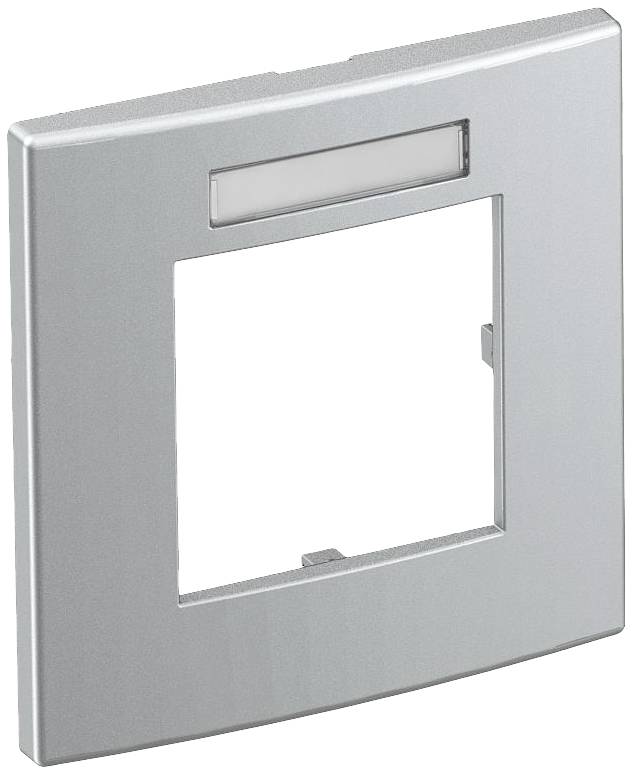 Cadre de interrupteur carré gris, avec une fenêtre rectangulaire en haut, prévu pour une installation murale.