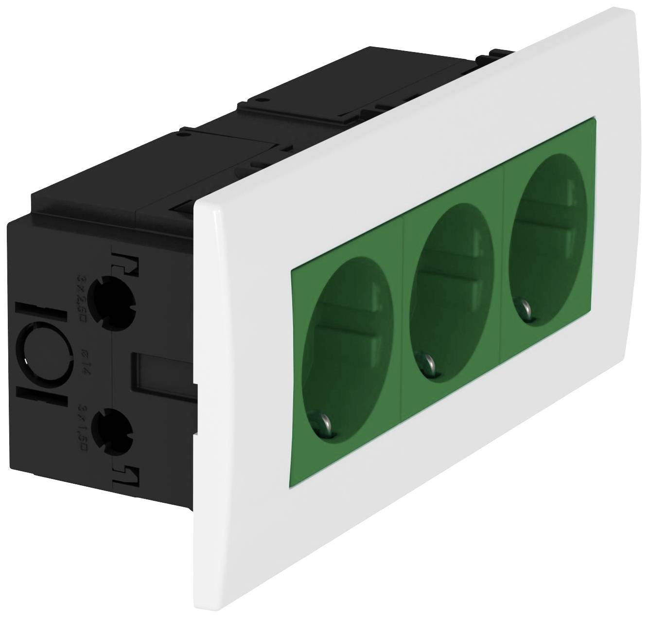 Prise triple avec boîtier noir et plaque de finition blanche, emplacements verts. Adaptée pour l'installation dans des systèmes électriques.