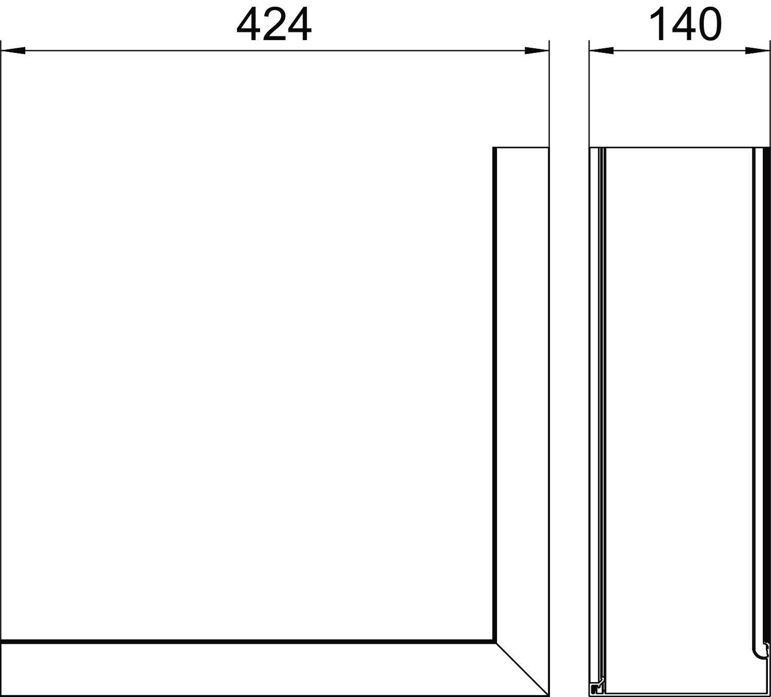 Dessin technique d'un objet avec des dimensions de 424 mm de largeur et 140 mm de profondeur. Vue de dessus et vue latérale sont représentées.