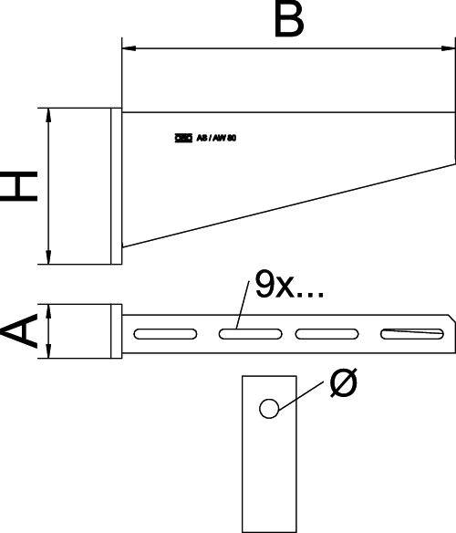 Dessin technique d'un angle avec les dimensions H, B et A. Des marquages pour neuf trous de perçage et un trou circulaire sont visibles.
