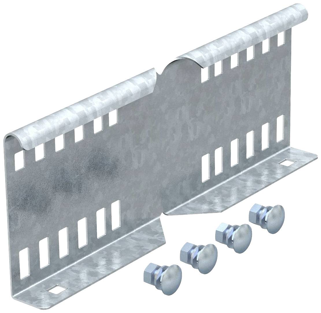 Rail métallique avec trous de fixation et quatre vis. Adapté pour le montage ou la fixation d'appareils ou de structures.