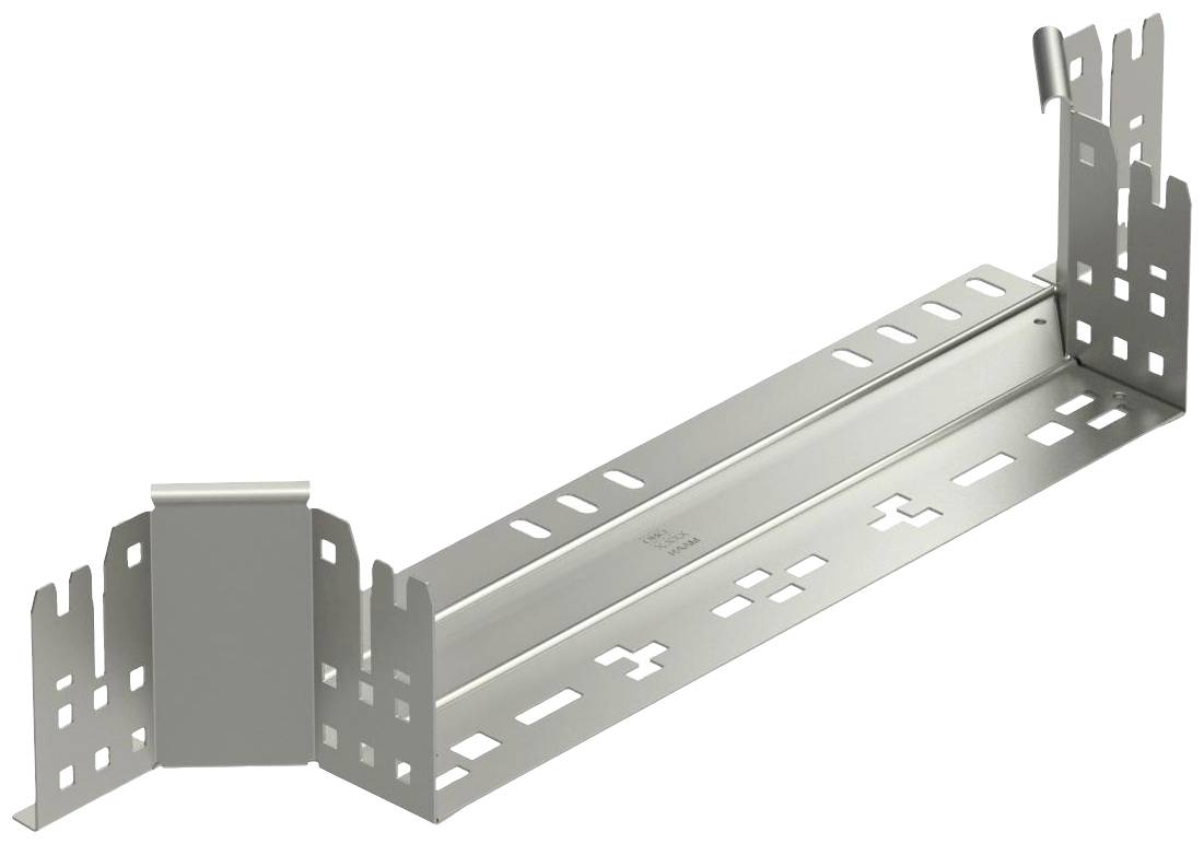 Support de goulotte métallique avec fentes et dispositif de fixation surélevé, destiné à la fixation de goulottes sur des murs ou des plafonds.