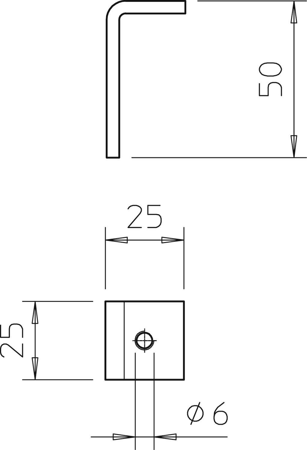 Dessin technique d'un angle avec deux vues. En haut : Vue latérale d'un angle de 90 degrés, hauteur 50 mm. En bas : Vue de face, largeur 25 mm, diamètre du trou 6 mm.