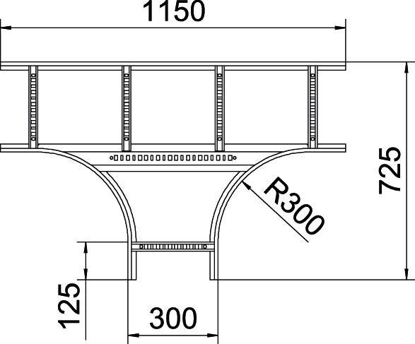 Dessin technique d'une construction de pont avec dimensions : Largeur totale 1150 mm, Hauteur 725 mm, Rayon d'arc 300 mm, Hauteur de socle 125 mm.