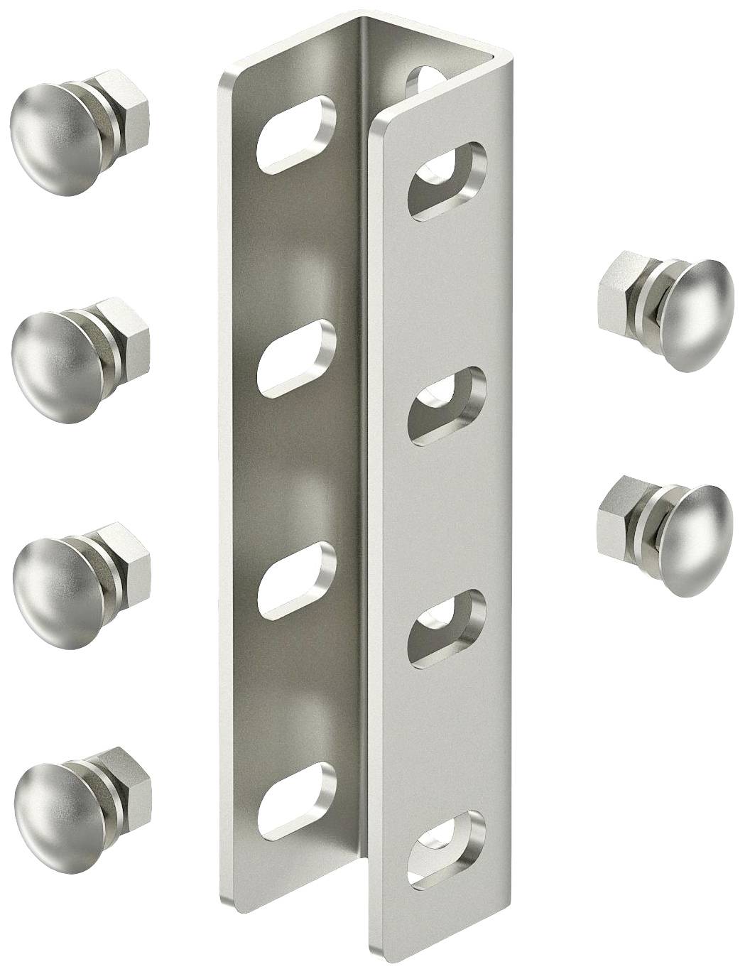 Équerre métallique avec des trous pour montage par vis, représentée avec six boulons.