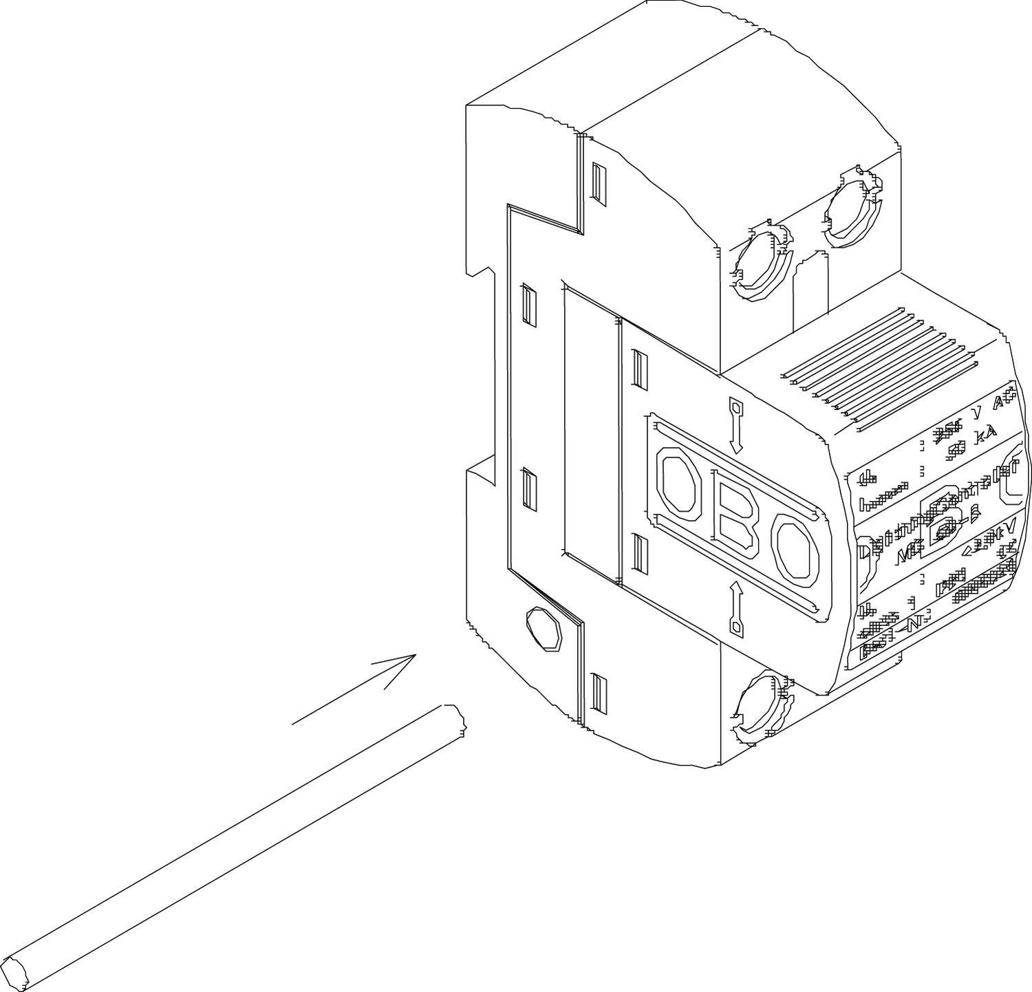 Un dispositif de protection portant l'inscription 'OBO', adapté aux applications électriques. Un câble est dirigé vers celui-ci.