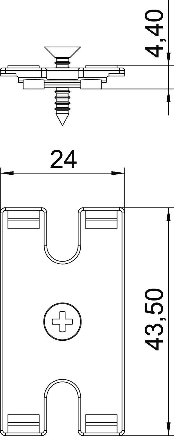 Dessin technique d'un agrafe métallique avec vis. Dimensions : largeur 24 mm, hauteur 43,50 mm, épaisseur 4,40 mm. Détail de la vis présenté en haut.