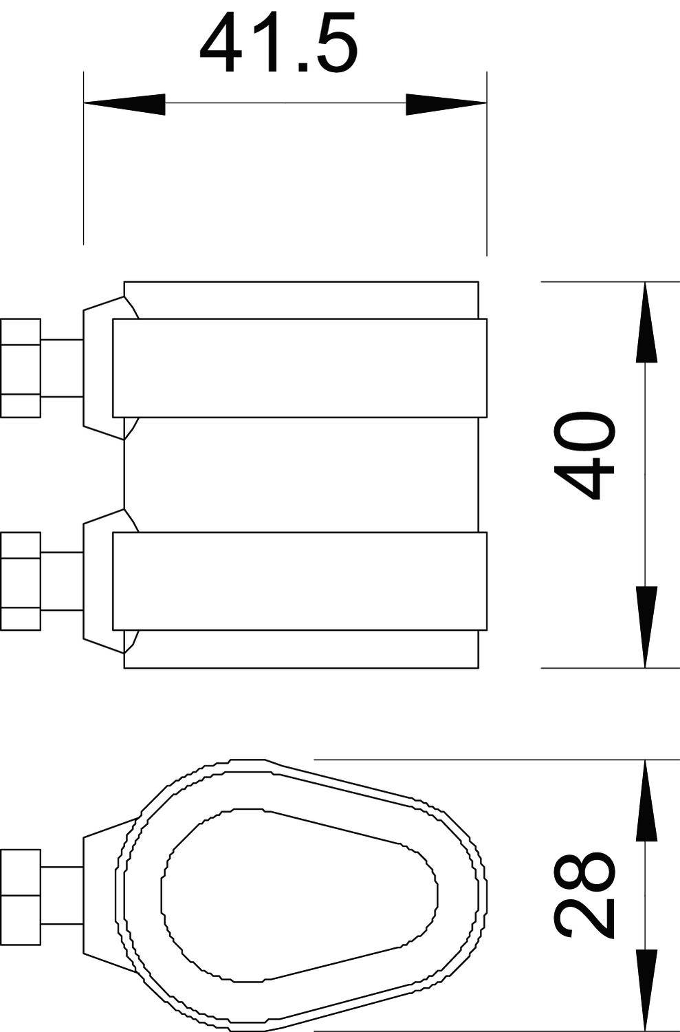 Dessin technique d'un composant avec dimensions : 41,5 mm de largeur, 40 mm de hauteur et 28 mm de profondeur. Vue de dessus et vue latérale.
