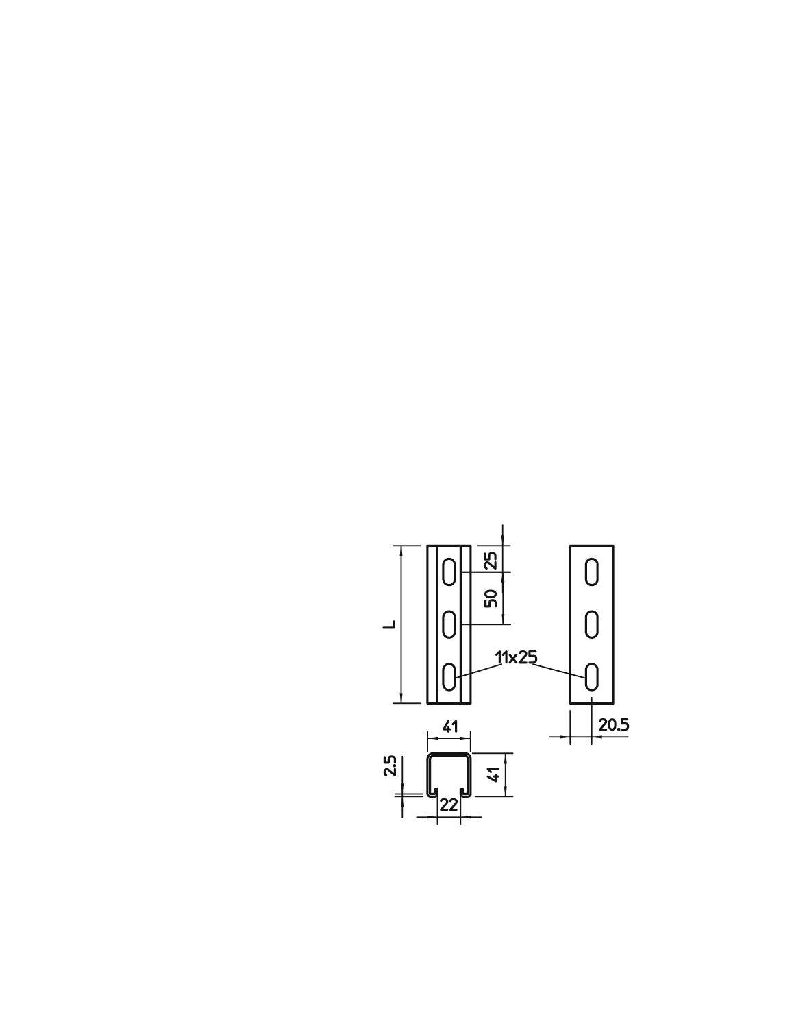 Dessin technique d'un profilé métallique avec dimensions. Partie principale : 41 x 20,5 mm, position du trou : 1 x 25 mm. Vue latérale : 25 x 5 mm.