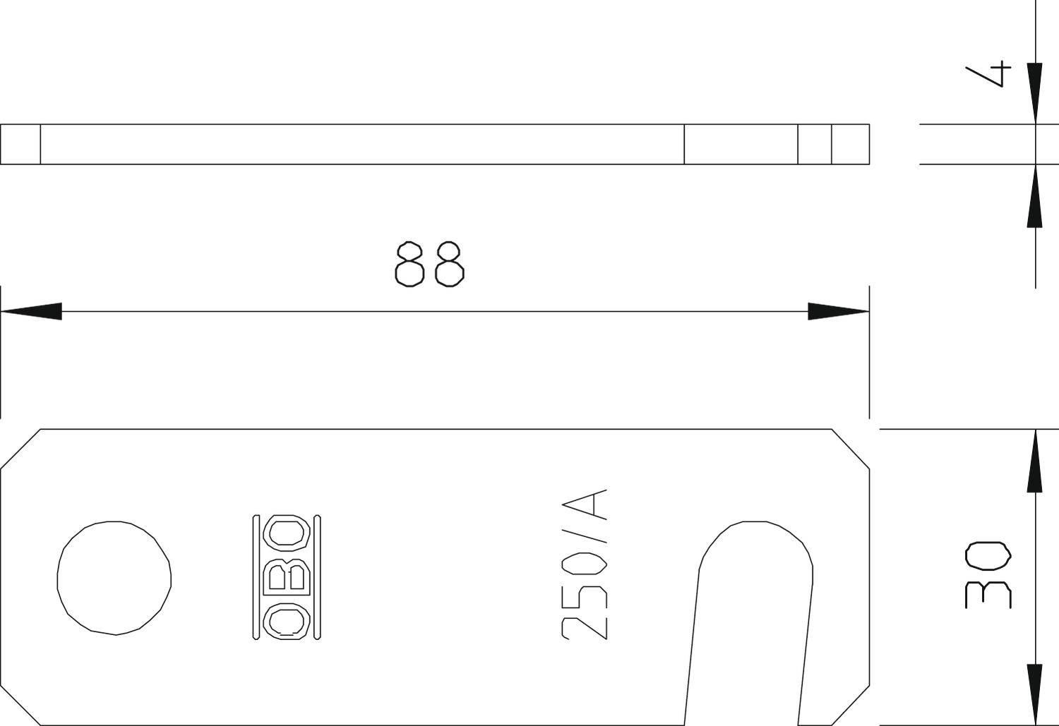 Dessin technique d'un connecteur métallique de 88 mm de long, 30 mm de large et 4 mm d'épaisseur portant l'inscription 'OBO 250/A'.