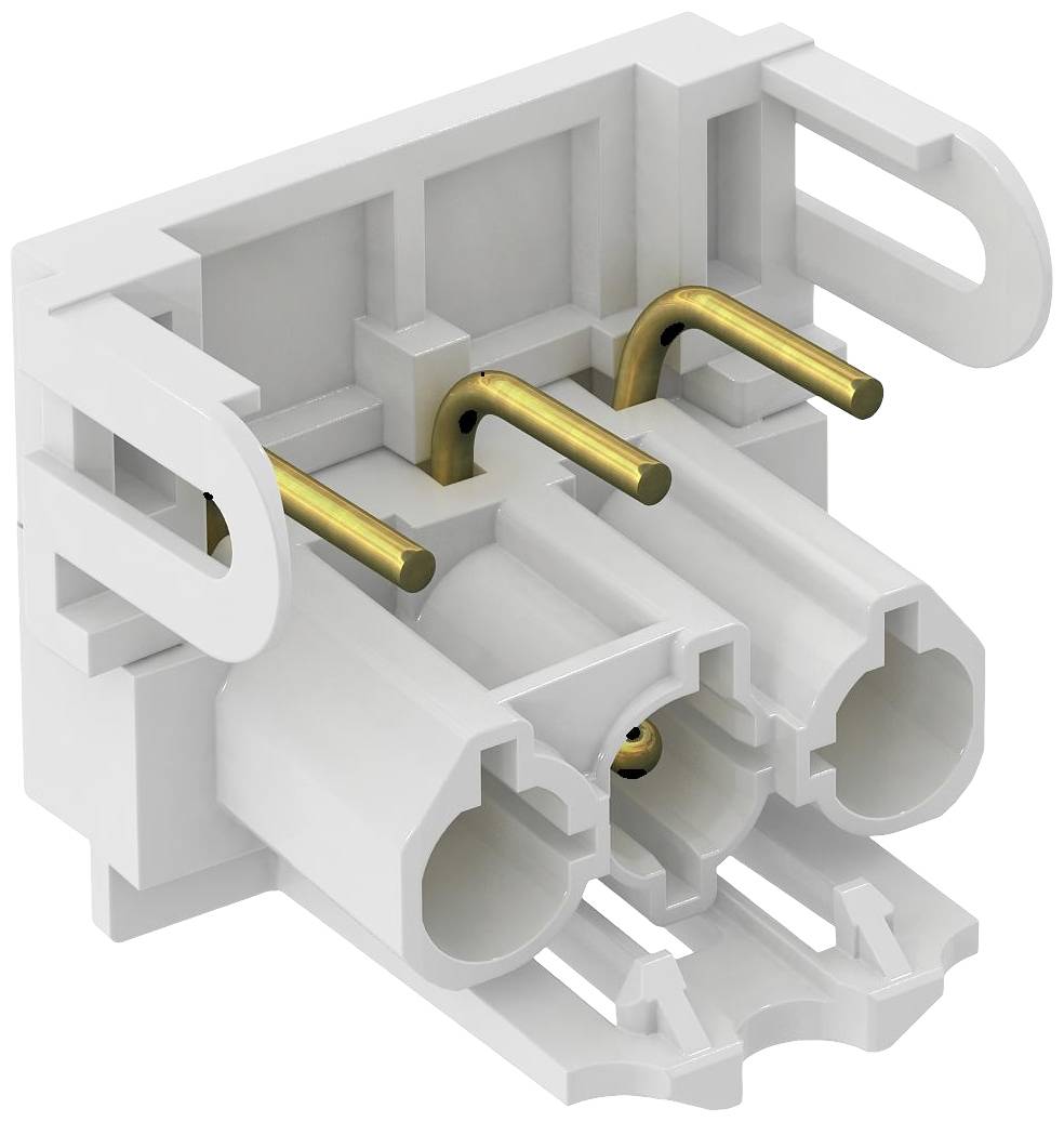 L'image montre un boîtier de connecteur blanc multipolaire avec des contacts métalliques visibles, adapté aux câblages électroniques.