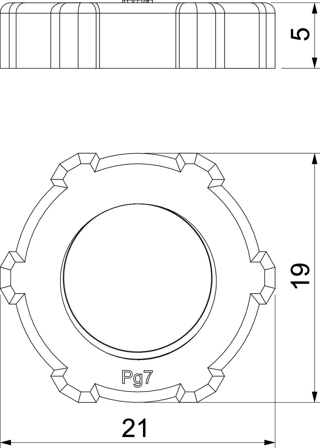 Dessin technique d'un écrou hexagonal en vue latérale et frontale avec dimensions : hauteur 5 mm, largeur 19 mm, diamètre 21 mm, étiquette 'Pg7'.