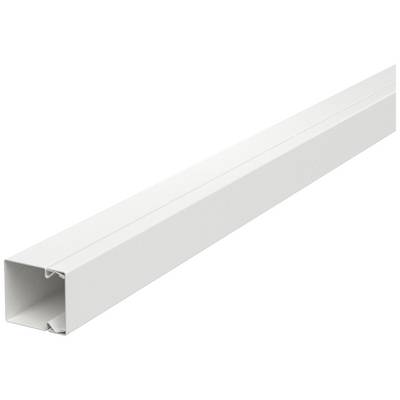 Un chenal de câbles blanc à section rectangulaire. Il est ouvert et convient parfaitement au guidage ordonné des câbles.