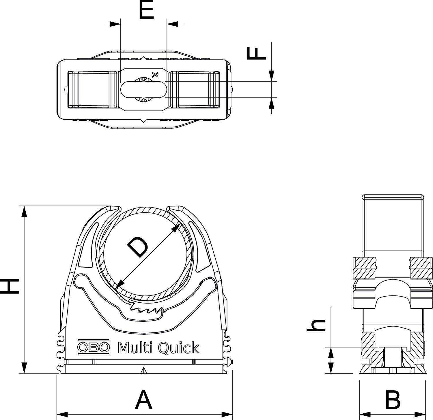 Dessin technique d'un support OBO Multi Quick avec indications dimensionnelles A, B, D, E, F, H et h. Présente les détails de fixation.