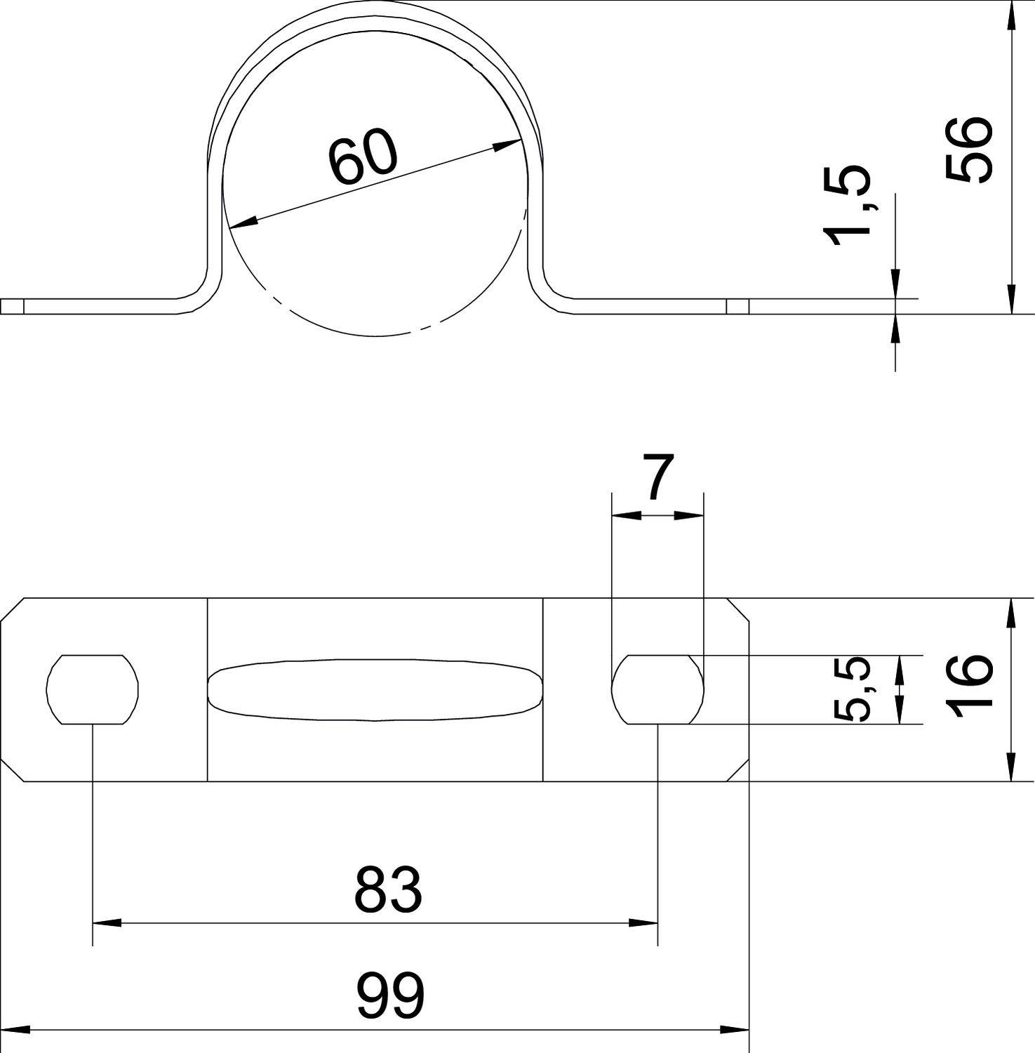 Dessin technique d'un clip métallique avec dimensions : hauteur 56 mm, largeur 99 mm, diamètre intérieur 60 mm. Perçage de 7 mm, distances marquées.
