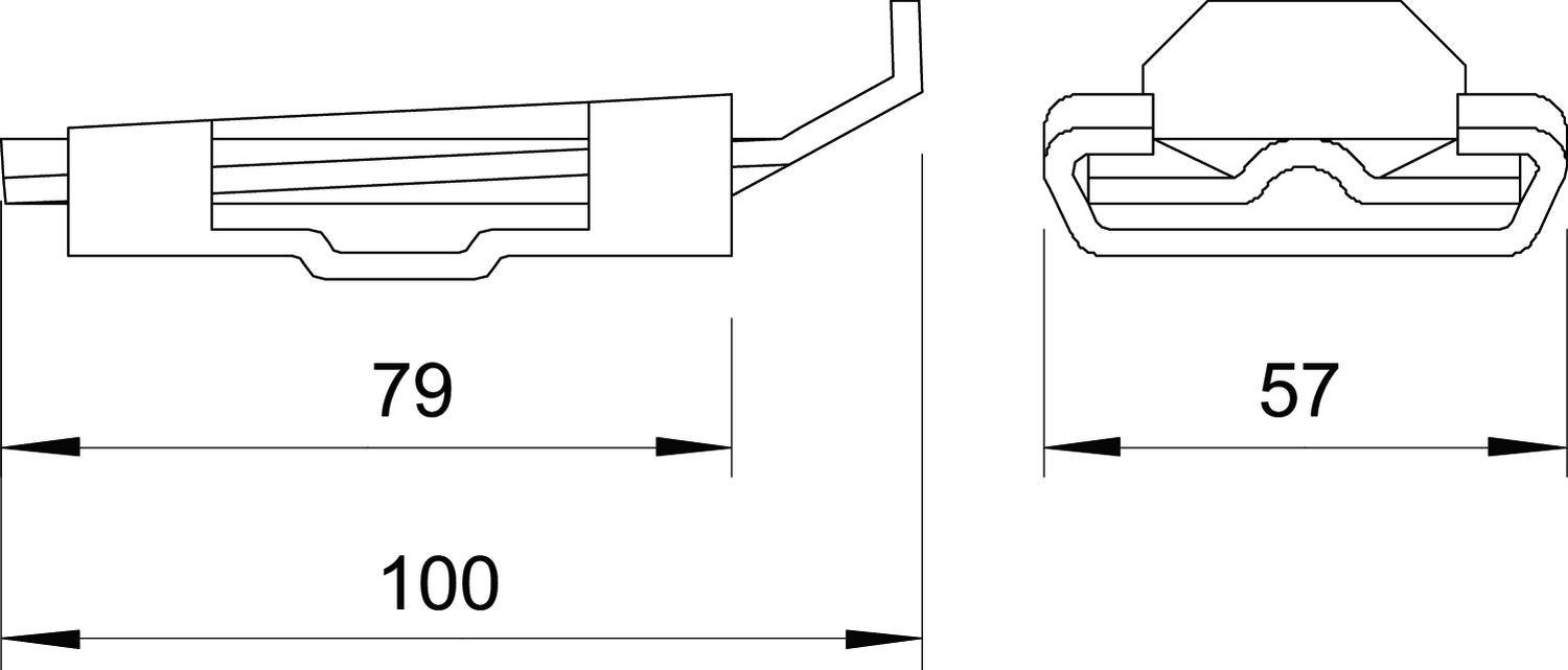 Dessin technique d'un connecteur électrique avec deux vues. Dimensions : longueur 100 mm, largeur 79 mm et 57 mm.