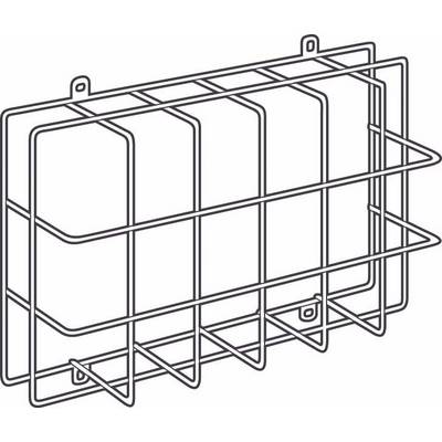 Un étagère simple en fil métallique, rectangulaire et fixée au mur, comportant plusieurs compartiments pour le rangement d'objets.